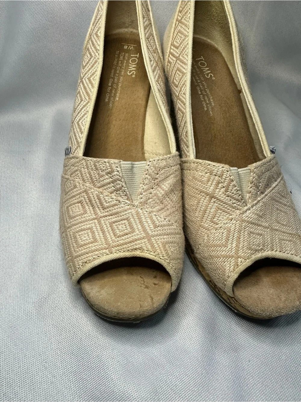 TOMS Neutral Beige Geometric Peep-Toe Wedge Espadrille